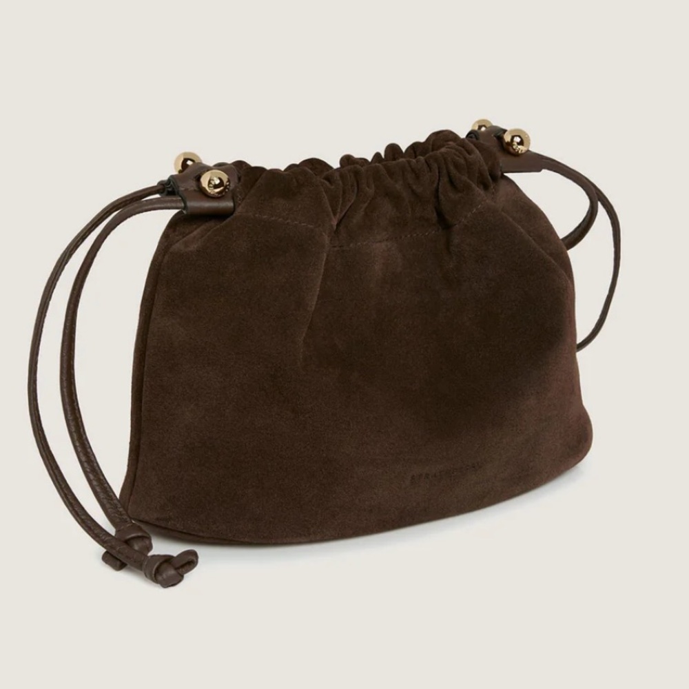 Strathberry Charlotte Drawstring Bag in Chocolate Brown Suede